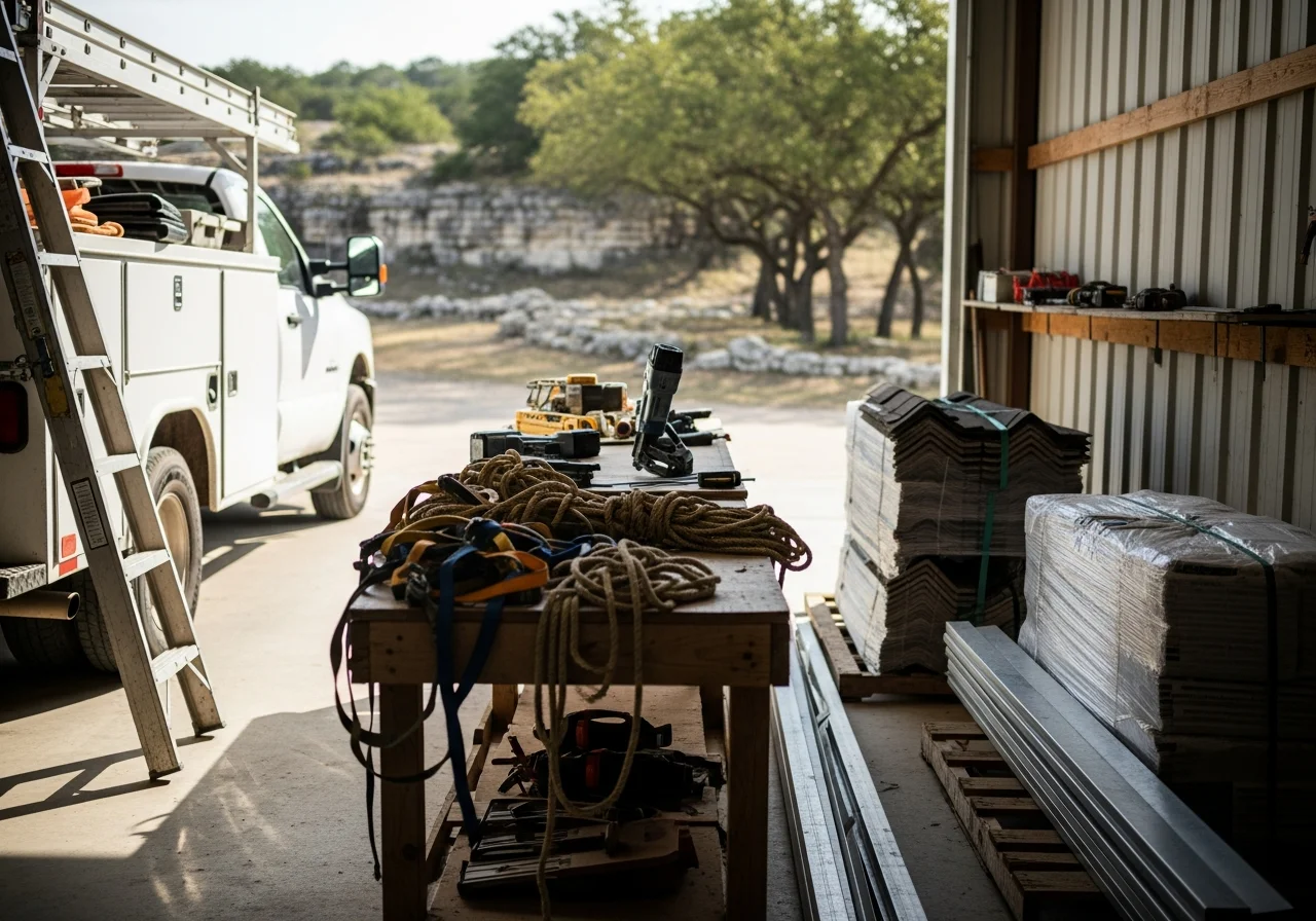 Professional roofing crew with tools and equipment ready for residential and multi-family projects in the Hill Country.