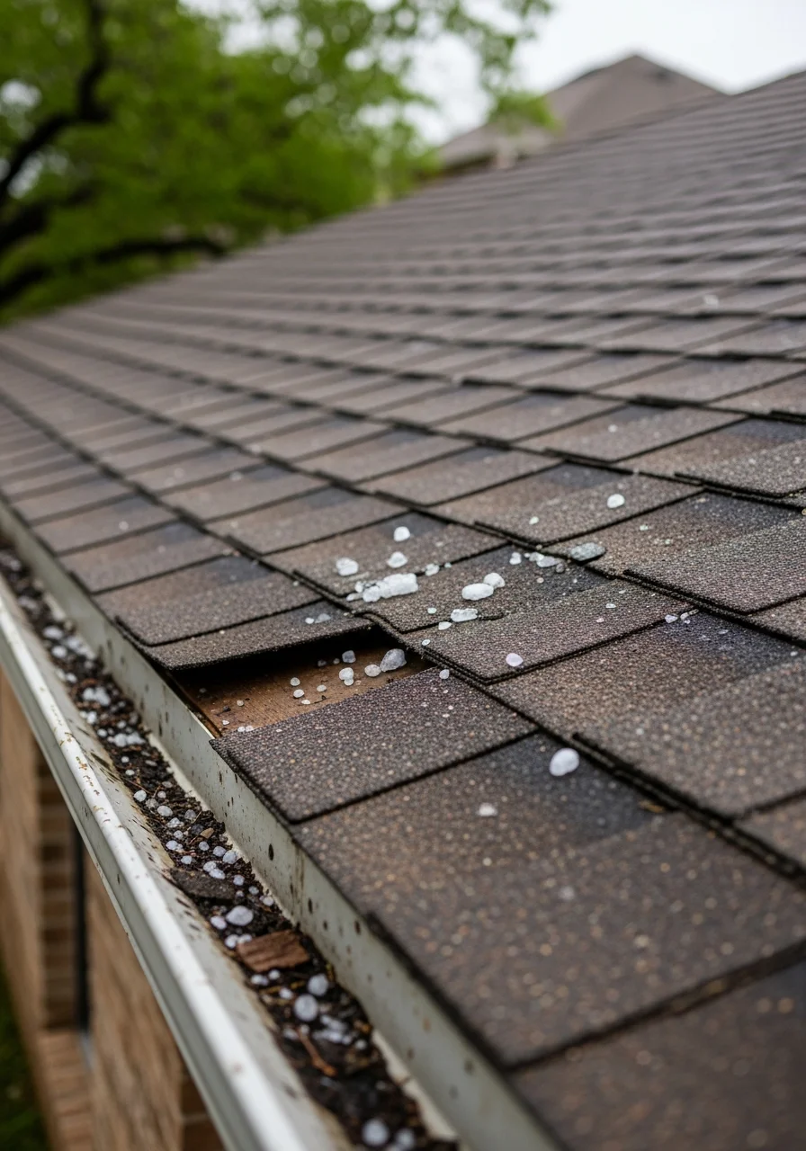 Close-up of hail damage on asphalt shingles with granule loss pattern