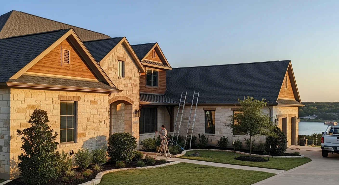 Modern Lakeway home with manicured landscaping and lake views in the background.