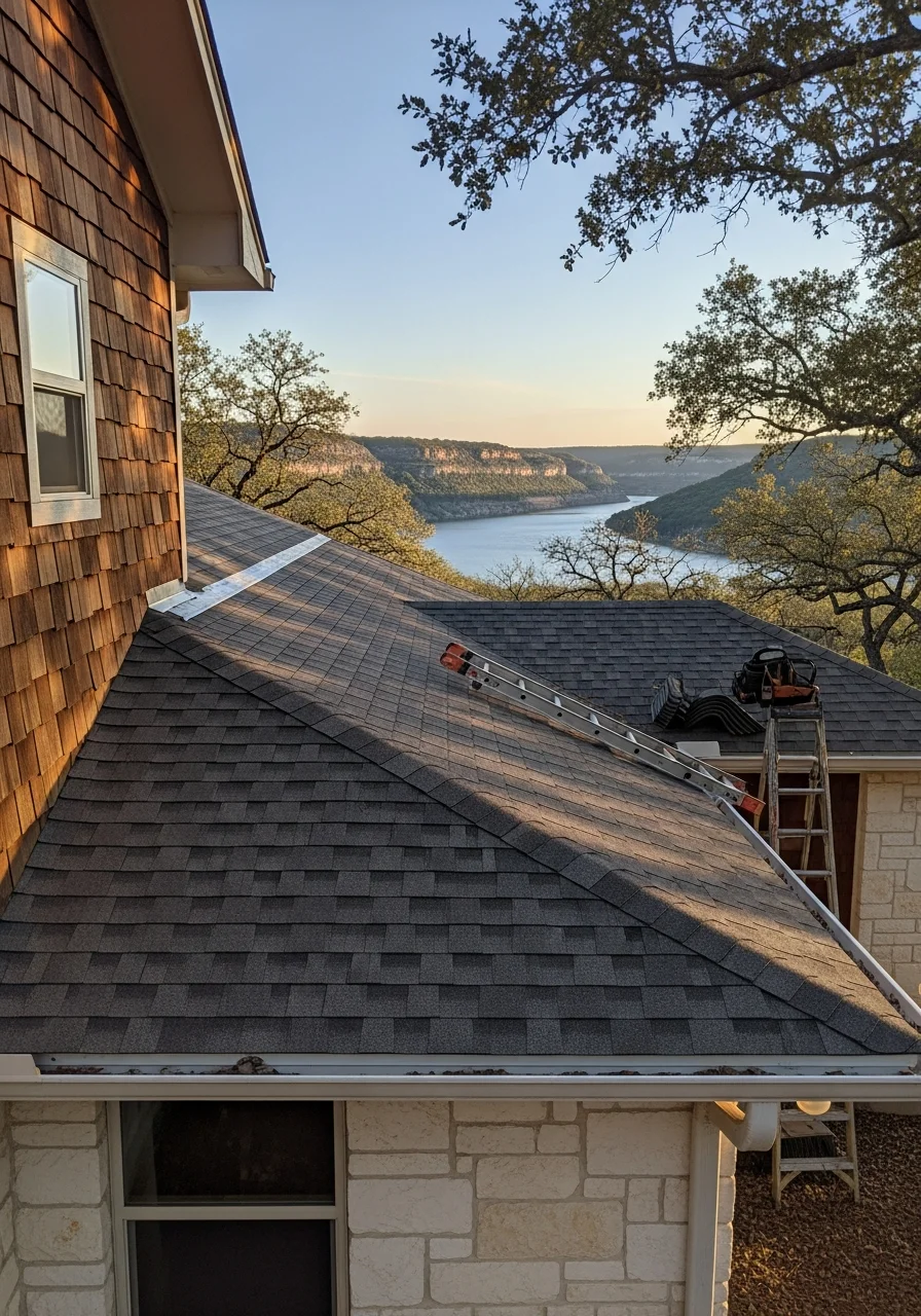 Marble Falls homeowner and contractor at residential property with lake views.