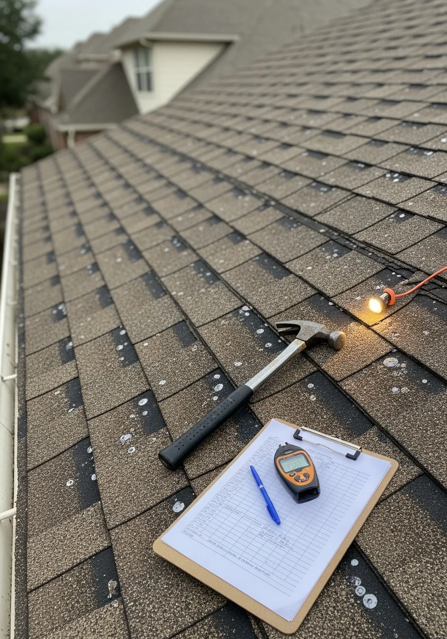 Hail damage inspection on residential roof in The Woodlands, Texas
