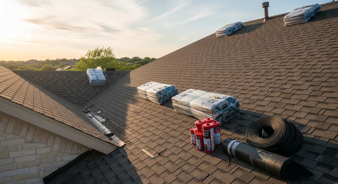 A Lakeway residential roof with repaired shingles and replaced flashing along the ridge line after storm damage. A roofer from Wimberley Roofing inspects the completed repair on a Central Texas home with mature trees visible in the background.
