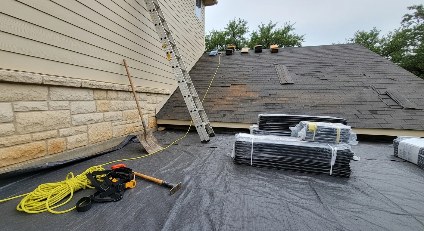 A multi-unit residential building in Lakeway, Texas with a recently completed roof replacement showing uniform shingle installation across multiple sections and rooflines. The property sits in a Hill Country setting with visible lake-area terrain in the background.