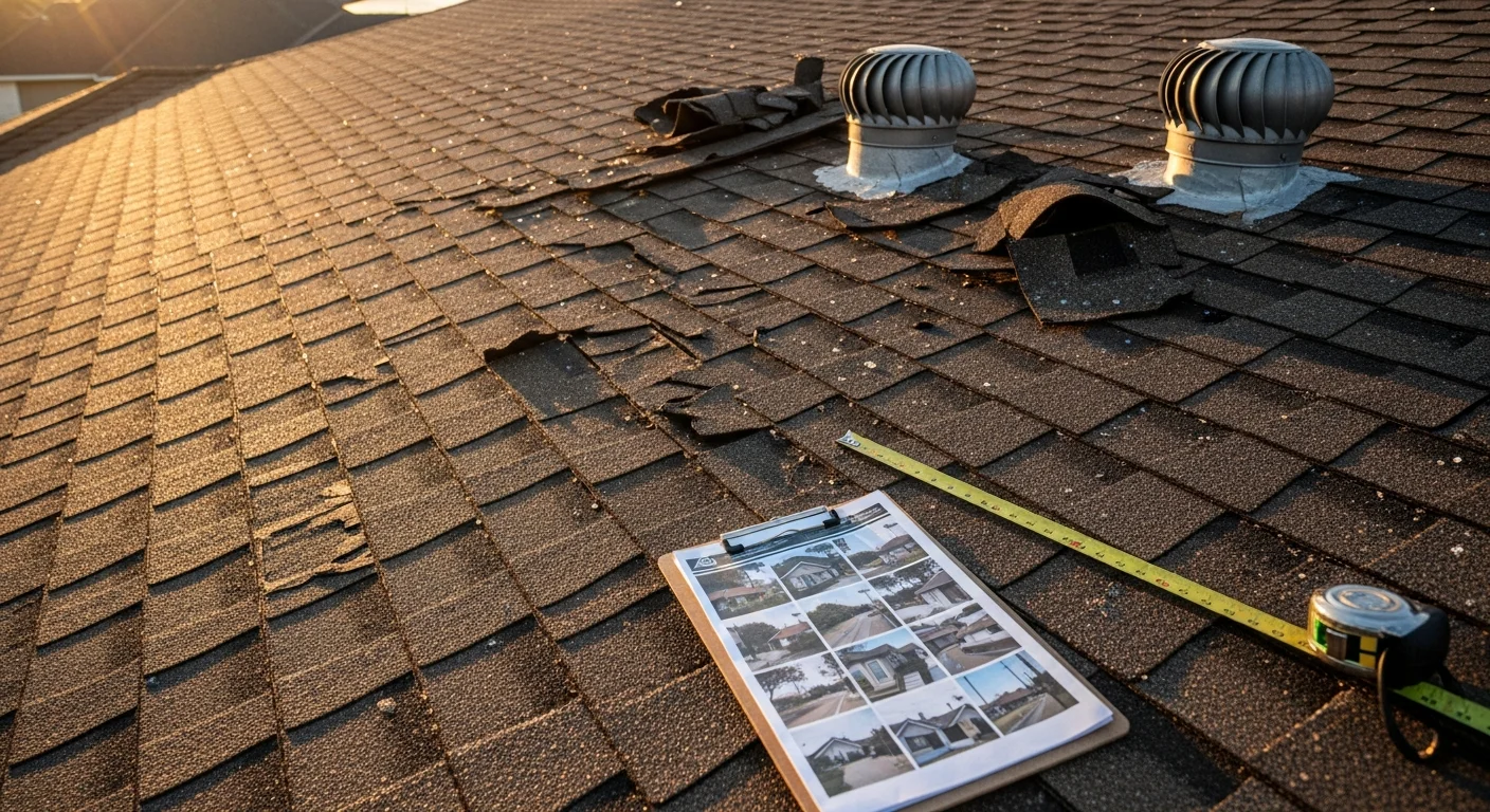 Close-up view of hail-damaged shingles on a residential roof in Lakeway, Texas, showing granule loss and impact bruising on a south-facing roof plane. A roofing contractor photographs the damage during a post-storm insurance inspection.