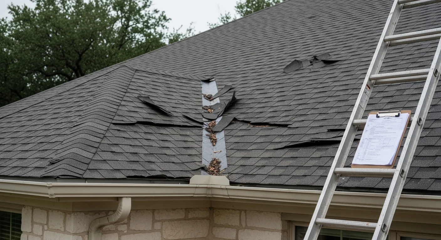 A Lakeway residential roof after insurance restoration showing replaced shingles, restored ridge caps, and repaired flashing on an elevated Hill Country lot. The finished roof matches the surrounding home exterior with no visible storm damage remaining.