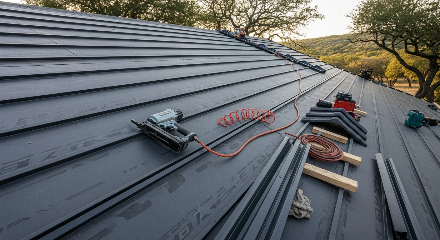 A completed standing-seam metal roof on a single-family home in Lakeway, Texas, with Hill Country terrain visible in the background. The roof panels run cleanly from ridge to eave, showing tight seam alignment and finished flashing at the edges.