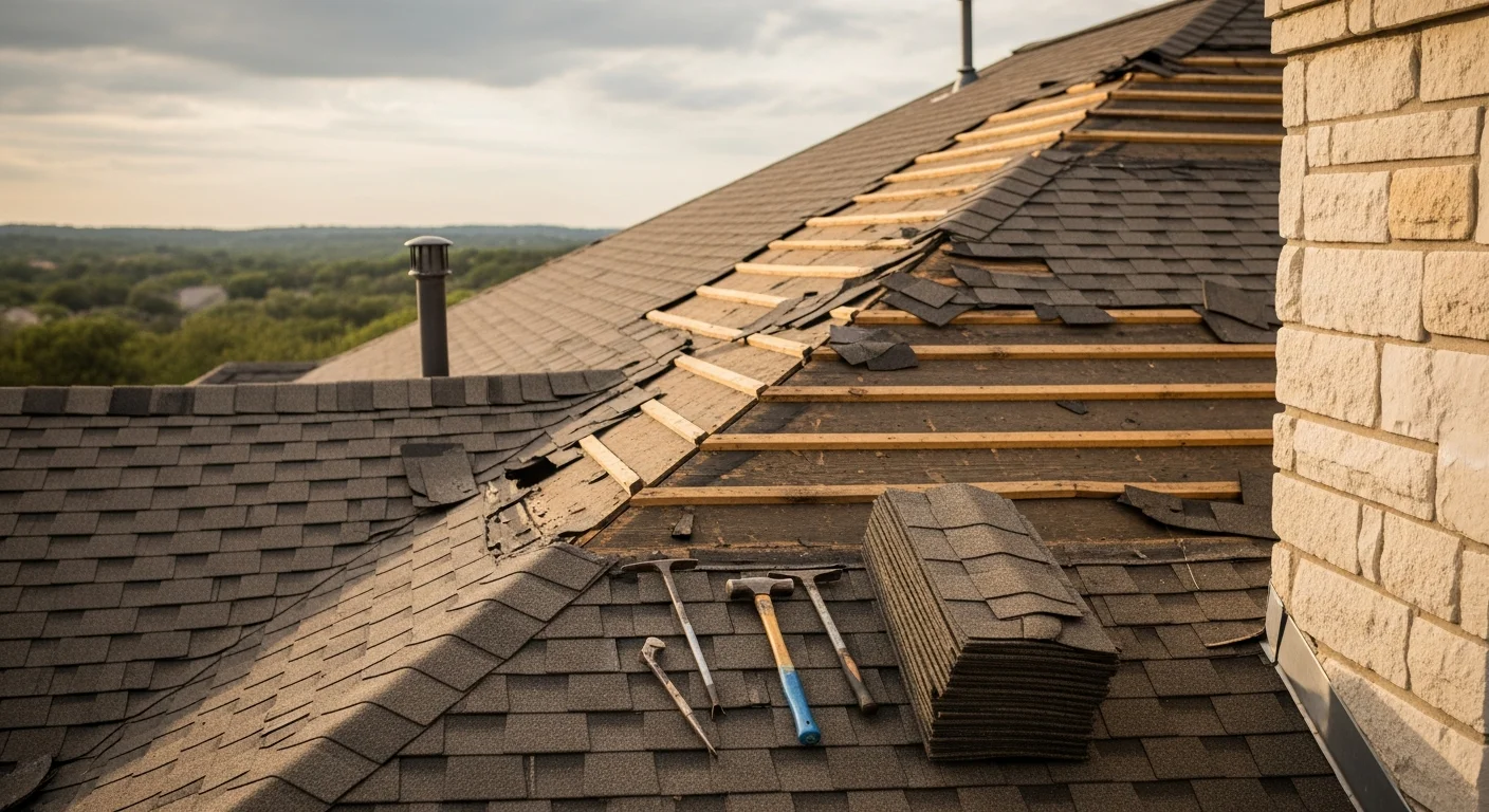 A Wimberley Roofing crew repairing damaged shingles and flashing on a residential roof in Lakeway, TX, with Hill Country terrain visible in the background. Close-up view shows replaced ridge cap and sealed valley on a steep-slope roof typical of elevated Lakeway lots.