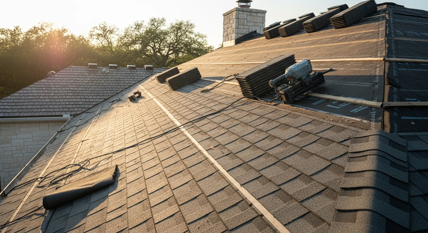 A completed residential roof replacement on a single-family home in Lakeway, Texas, showing new roofing installed across a steep-pitched roofline with Hill Country terrain visible in the background. The finished roof sits above a stone-exterior home typical of the Lakeway area near Lake Travis.