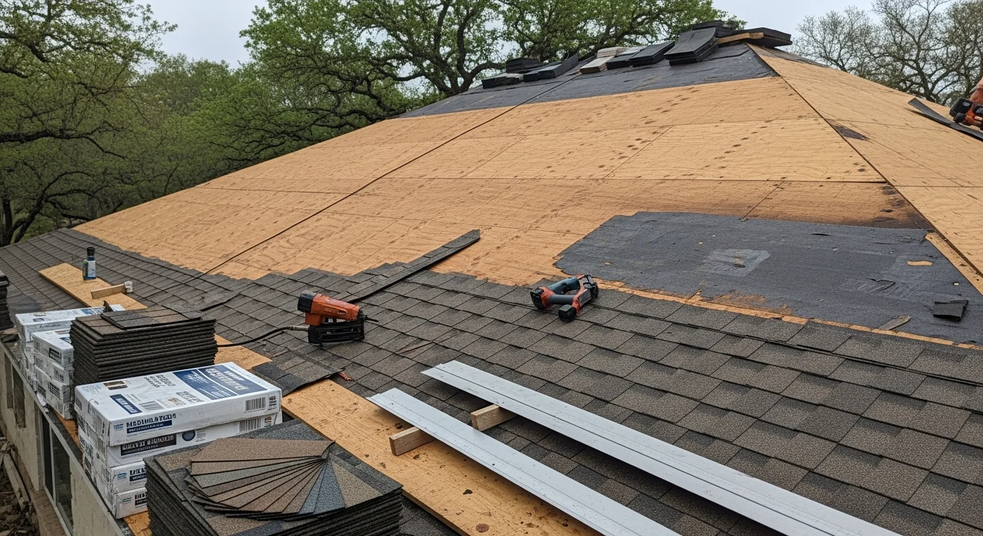 Newly installed residential shingle roof on a single-family home in Lakeway, Texas, with clean ridge lines and uniform shingle coursing visible against a Hill Country sky. The completed roof shows tight flashing detail around the chimney and consistent color across all slopes.