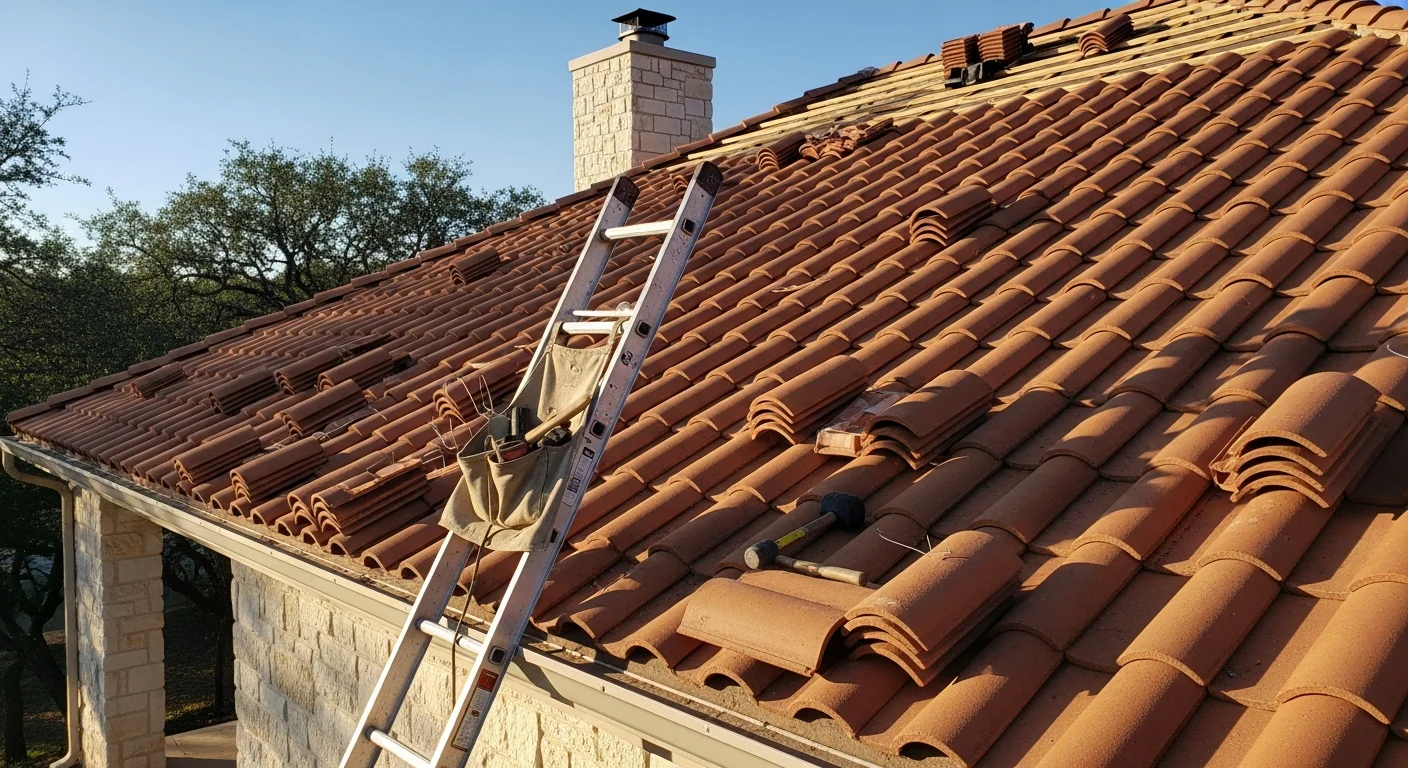 A completed residential tile roof on a Lakeway, Texas home, showing uniform tile layout across a steep-pitched roofline with Hill Country terrain visible in the background. Close detail of ridge cap tile and flashing along a dormer section of a Lakeway area home.