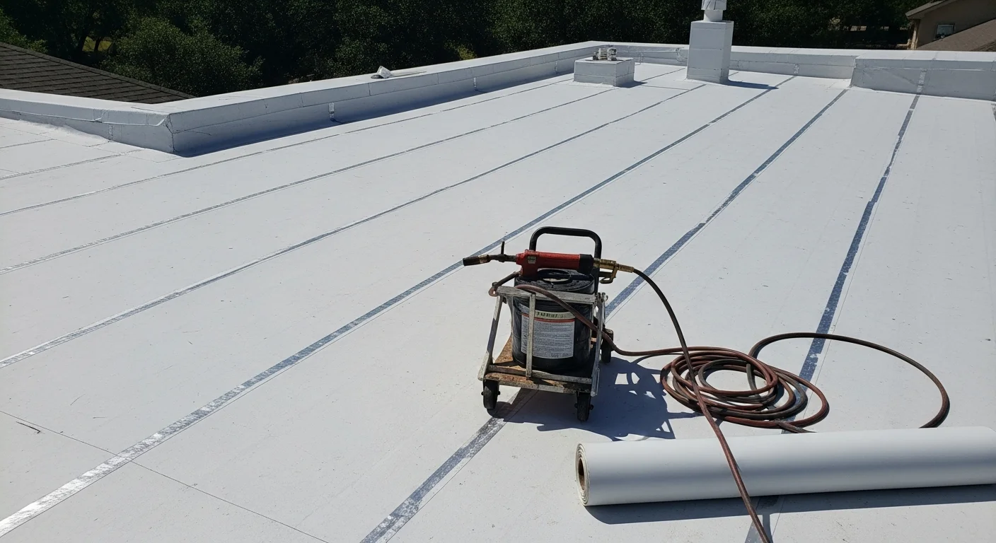 Completed residential TPO flat roof installation on a Lakeway, Texas home, showing a clean white reflective membrane surface with sealed edges and flashing at roof penetrations. The surrounding Hill Country terrain and clear Texas sky are visible in the background.