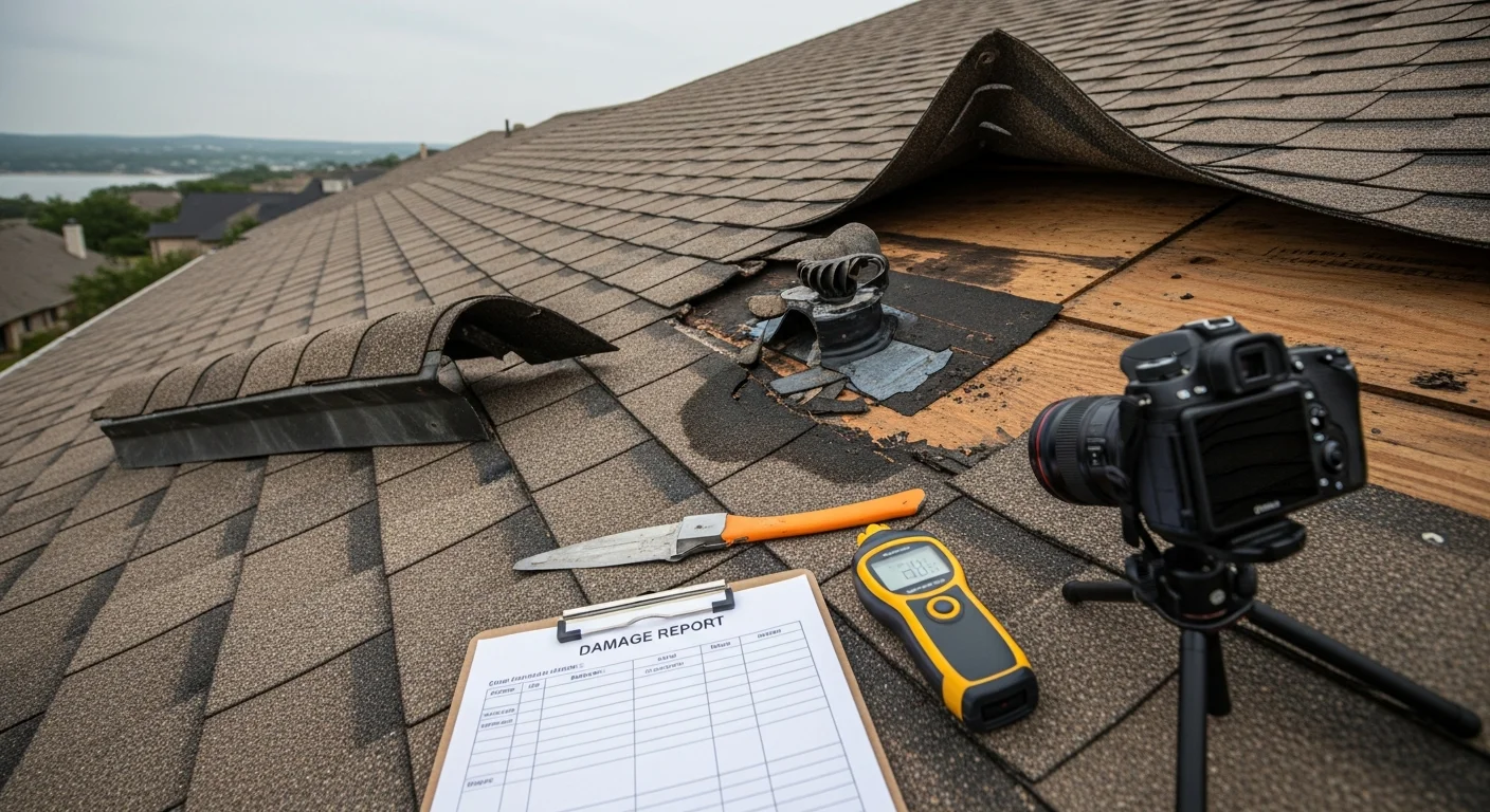 A Lakeway residential roof showing lifted shingles and displaced ridge caps after a Hill Country wind storm. A Wimberley Roofing inspector photographs the damage from the roof surface for an insurance claim file.