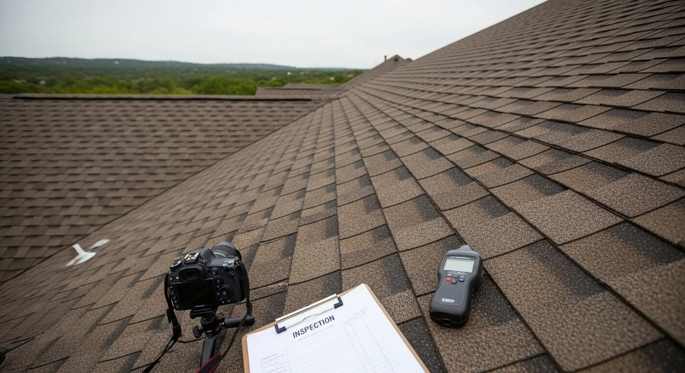 A Wimberley Roofing consultant inspecting the ridgeline and flashing of a single-family home on an elevated lot in Lakeway, Texas. The Hill Country landscape and Lake Travis area tree canopy are visible in the background.