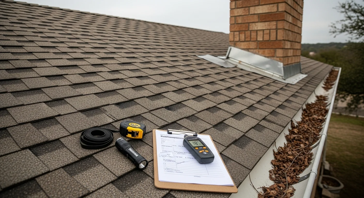 A Wimberley Roofing inspector examining shingles and ridge lines on a residential roof in Lakeway, Texas. The home sits on an elevated Hill Country lot with visible Lake Travis terrain in the background.