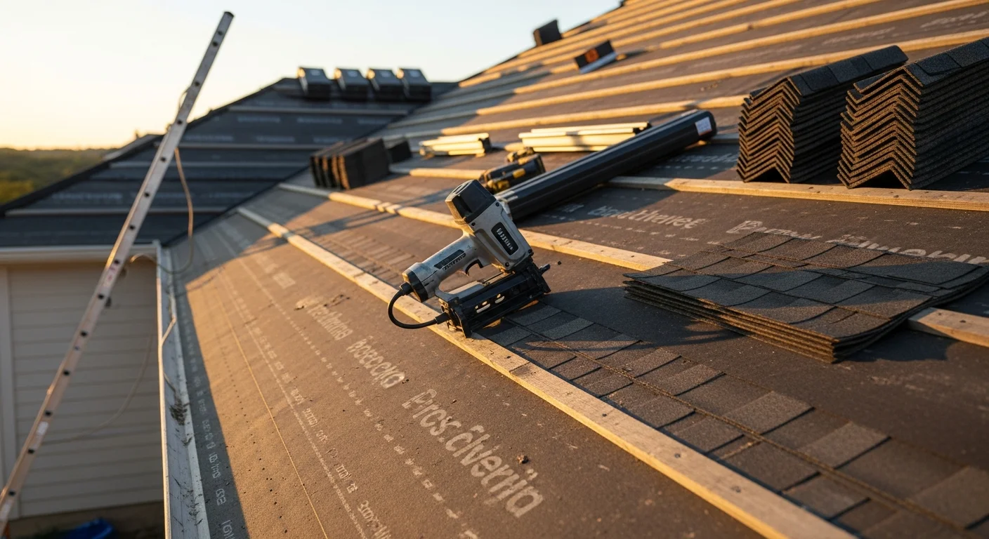 A completed residential roof installation on a Lakeway, Texas home, showing a freshly installed roof system on an elevated lot with Hill Country surroundings visible in the background. The image shows clean ridge lines, uniform field installation, and new flashing details on a single-family home.