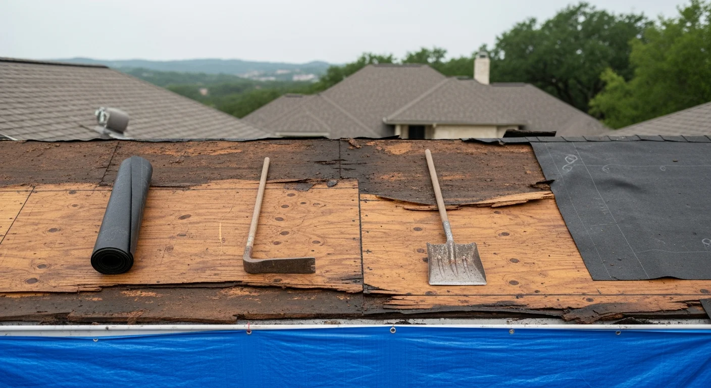 A Lakeway residential home mid-roof removal with old shingles stripped to bare decking on a steep-pitch roofline. Debris is contained in a ground-level dump trailer while the surrounding landscaping is protected with tarps.